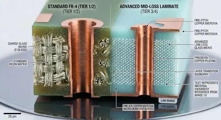 HDI laminate selection Microscopic cross section view comparing standard FR 4 and mid loss PCB materials