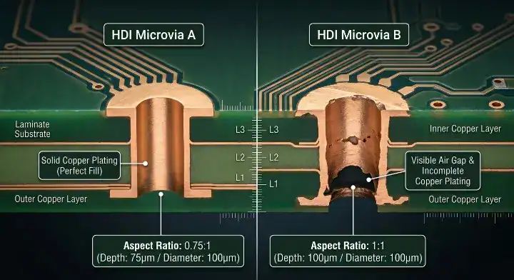 HDI microvia aspect ratio Cross section comparison showing 0.751 perfect copper plating versus 11 voiding