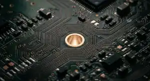 HDI microvia aspect ratio Featured macro view of a high density PCB with perfect 0.75 to 1 via design