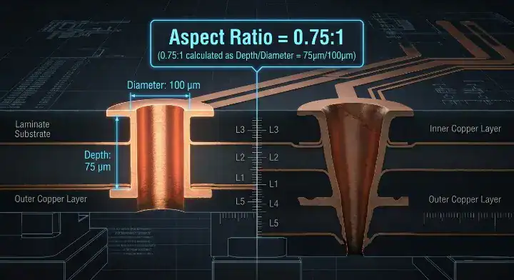HDI microvia aspect ratio Photorealistic diagram showing UV vs CO2 laser drilling profiles and hole shapes