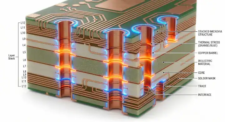 HDI microvia thermal cycling reliability analysis of complex stacked via structures in high density interconnect PCBs
