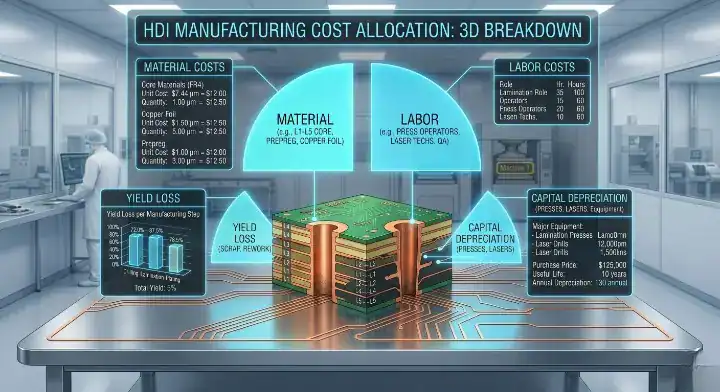 HDI sequential lamination cost 3D pie chart breaking down the per cycle expense into material, labor, yield loss, and equipment depreciation