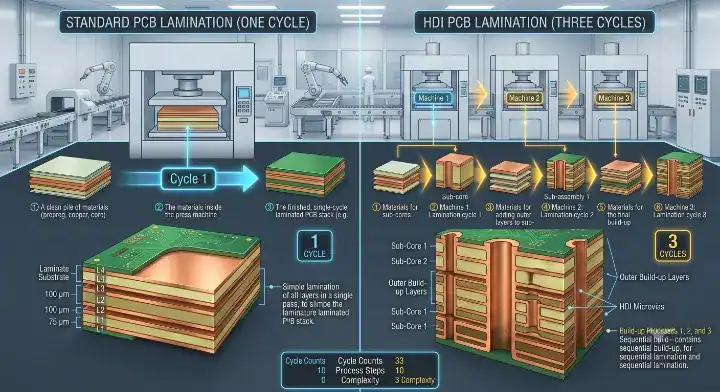 HDI sequential lamination cost Comparison infographic showing one lamination cycle for standard PCB versus three cycles for 2+N+2 HDI