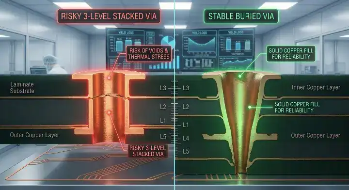 HDI sequential lamination cost Cross section rendering comparing an expensive 3 level stacked microvia against a cost effective buried via