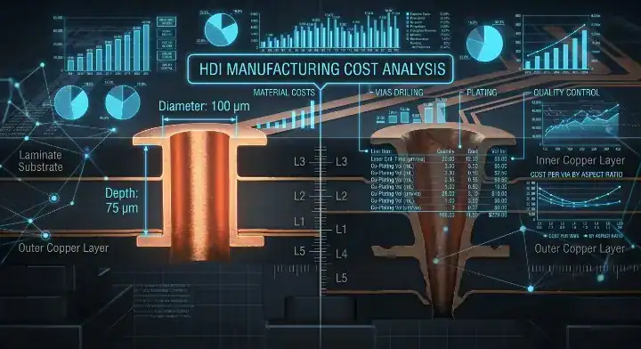 HDI sequential lamination cost Featured image showing a macro view of a high density PCB merged with financial cost charts