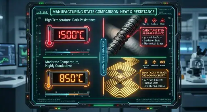HTCC vs LTCC ceramic PCB firing temperature infographic comparing 1500C tungsten conductors with 850C gold RF traces