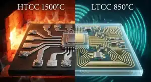 HTCC vs LTCC ceramic PCB technology comparison showing high temperature military hermetic sealing versus low temperature 5G RF embedded passives
