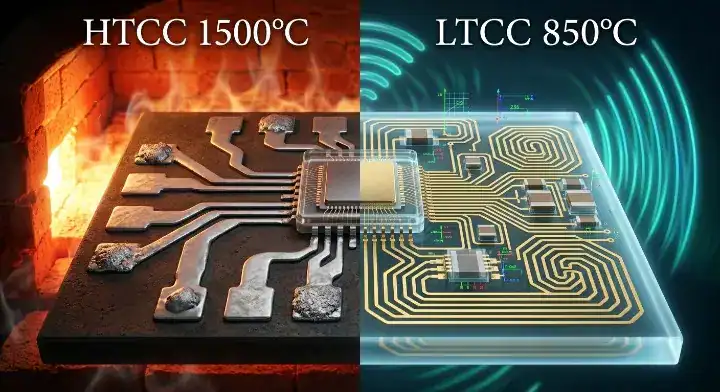 HTCC vs LTCC ceramic PCB technology comparison showing high temperature military hermetic sealing versus low temperature 5G RF embedded passives