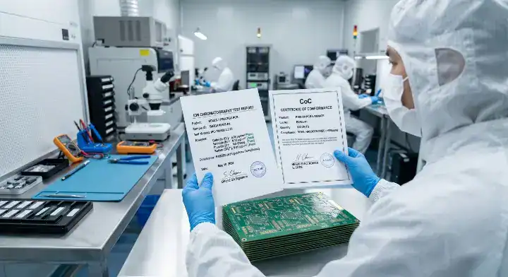 Halogen Free PCB Quality assurance engineer verifying supplier Certificate of Conformance and ion chromatography test reports
