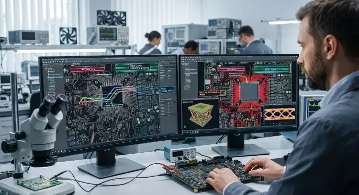 Hardware engineer analyzing PCIe Gen6 PCB material routing topology for a long reach CXL 3.0 server design