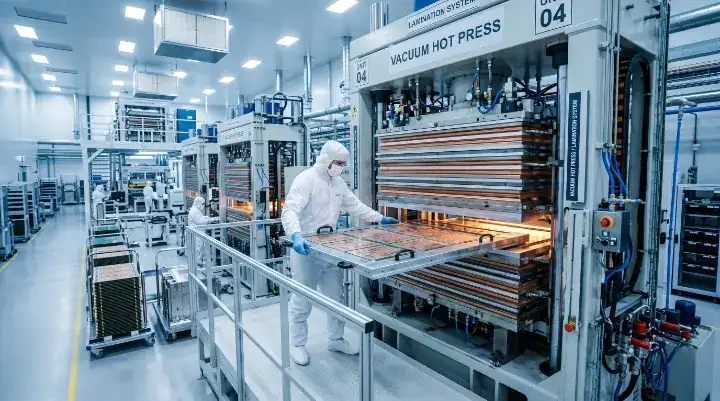 Heavy duty FR 4 vacuum lamination press used to process TerraGreen 400G2 and Tachyon 100G PCBs on the manufacturing floor