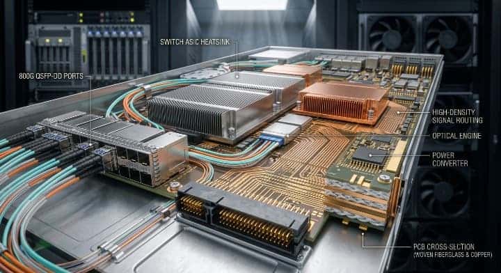 High speed IT 988GSE PCB utilized inside a next generation 800G network switch for maximum signal integrity