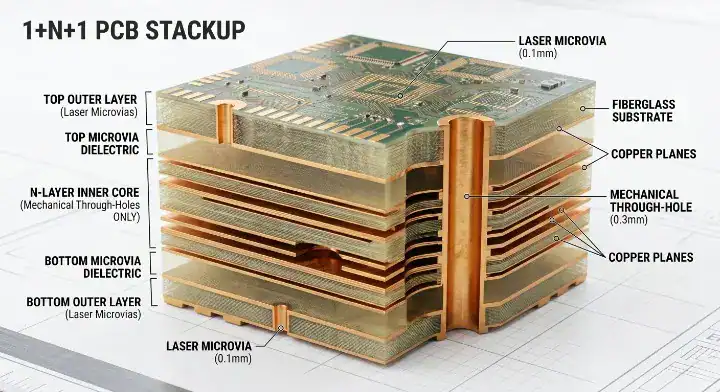 IPC 2226 HDI type 3D cross section illustration showing a Type I 1+N+1 stackup with outer microvias