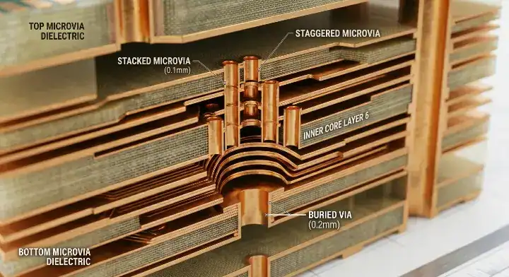 IPC 2226 HDI type Detailed 3D view of Type III stacked and staggered microvias connecting multiple inner copper layers