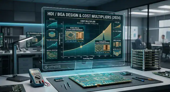 IPC 2226 HDI type Engineering dashboard showing fabrication cost multipliers versus BGA pitch requirements