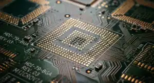 IPC 2226 HDI type Photorealistic close up of an advanced high density interconnect PCB with glowing microvias and BGA pads