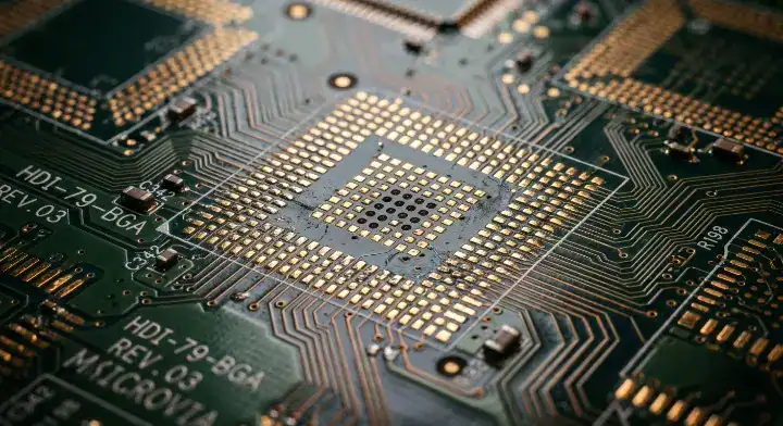 IPC 2226 HDI type Photorealistic close up of an advanced high density interconnect PCB with glowing microvias and BGA pads