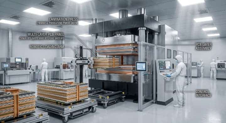 IT 988GSE PCB panels undergoing standard 200°C FR 4 lamination pressing in a manufacturing facility