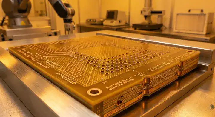 Isola FR408HR undergoing standard lamination and via filling in a high layer count PCB manufacturing facility