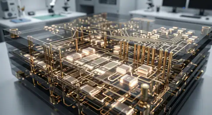 LTCC ceramic PCB showing 3D multilayer routing with embedded passive resistors and capacitors for RF modules