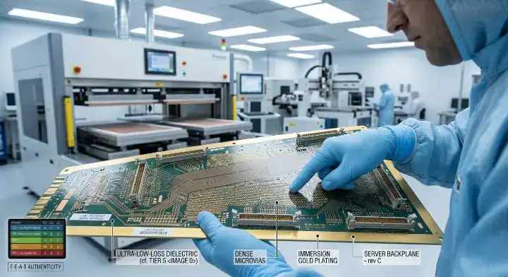 Low loss PCB material Factory engineer inspecting an ultra low loss server backplane board for 25Gbps signals
