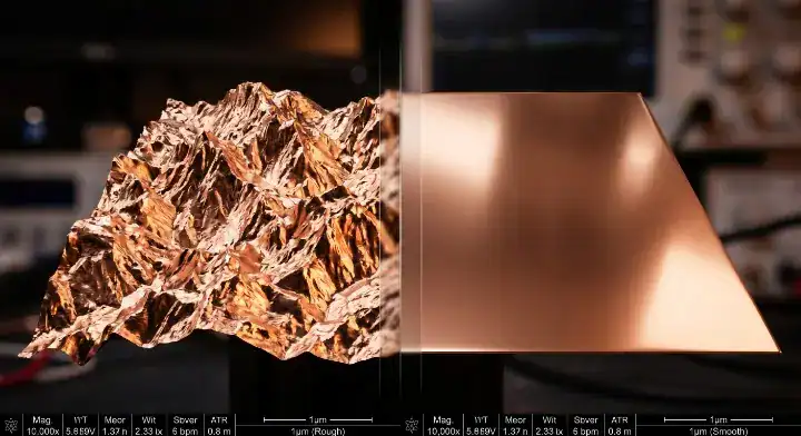 M9 CCL copper requirements shown through a microscopic comparison of standard rough copper foil versus ultra smooth HVLP5 foil for high speed routing