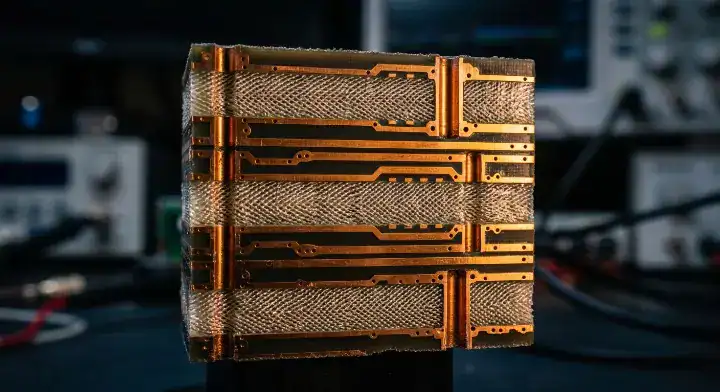 M9 CCL material structure showing a photorealistic cross section of a multi layer AI server PCB with microvias and glass weave