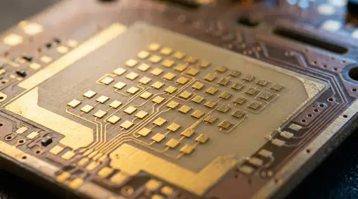 Macro view of precision etched copper patch antennas on an Astra MT77 PCB designed for 77GHz automotive ADAS radar