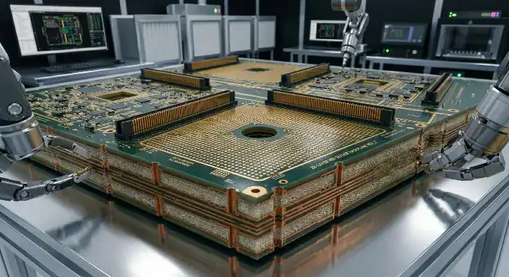 Megtron 8 applied in a massive 22 layer AI backplane PCB for supercomputers, showcasing high density interconnect manufacturing