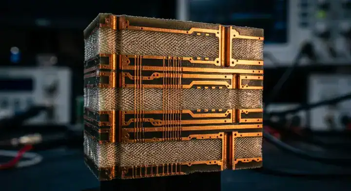 Megtron 8 material structure showing a photorealistic cross section of a multi layer AI server PCB with microvias and glass weave