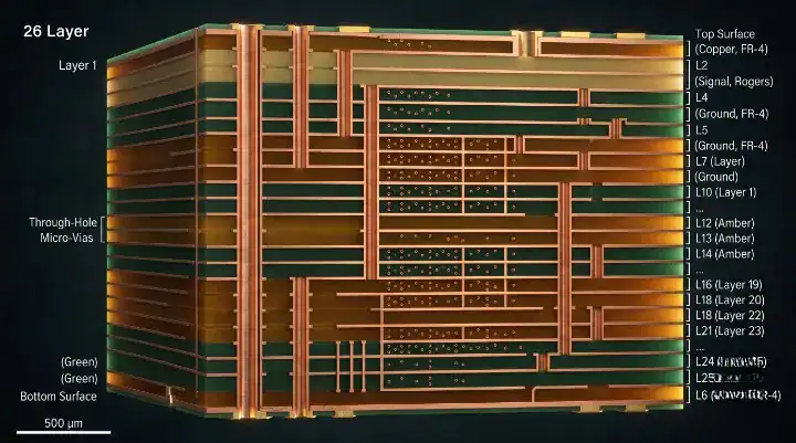 Microscopic cross section view of a 26 layer AI server PCB stackup illustrating a hybrid material strategy using Megtron 8 for core layers and EM 892K2 for outer layers