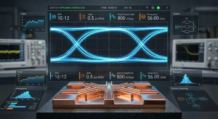 NVIDIA Blackwell PCB signal integrity visualization showing a clean eye diagram for 200 Gbps NVLink 5.0 channels over ultra smooth copper