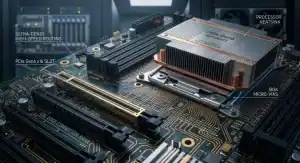 PCIe Gen6 PCB material forming the dense, high speed circuitry of a 64 GTs AI server motherboard