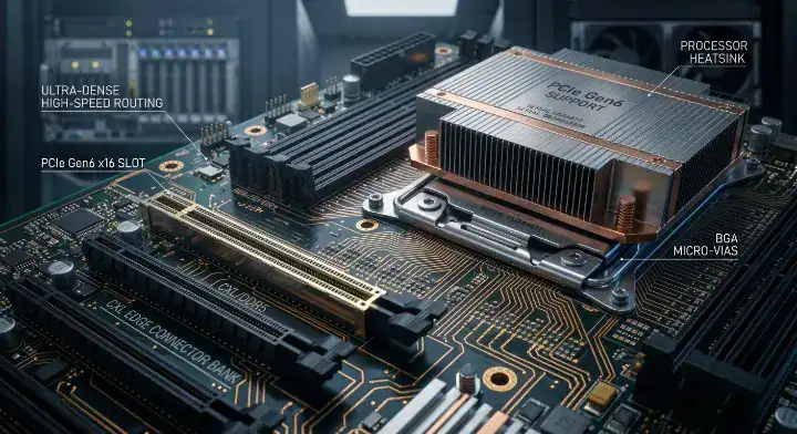 PCIe Gen6 PCB material forming the dense, high speed circuitry of a 64 GTs AI server motherboard