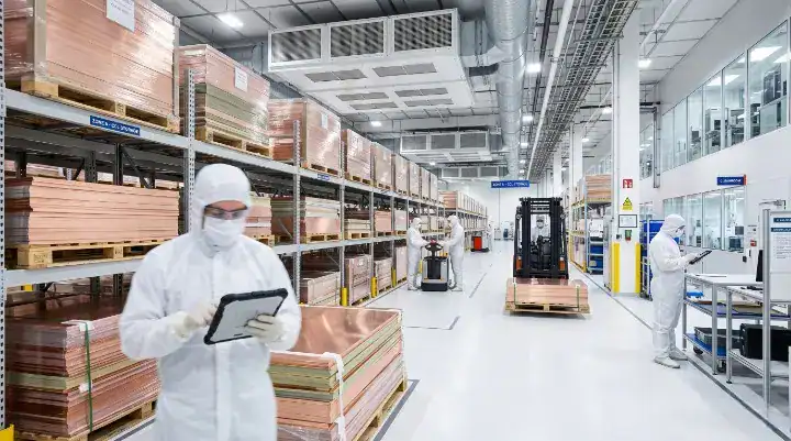 Pallets of M8 grade PCB laminates in a cleanroom warehouse, highlighting the 2026 supply chain allocation challenges for materials like Megtron 8 and DS 7409