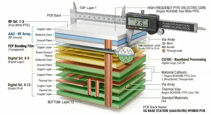 RO3003 PCB material 3D cross section of a 12 layer hybrid PCB showing FEP bonding film between PTFE and FR 4