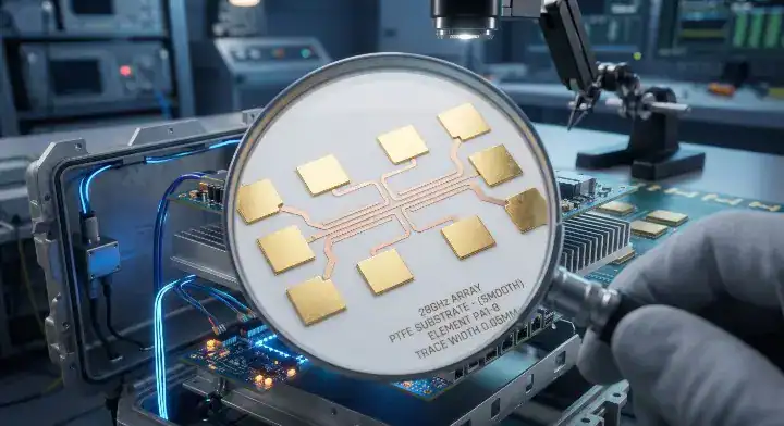 RO3003 PCB material Close up of a precision gold plated antenna array on a glass free PTFE substrate