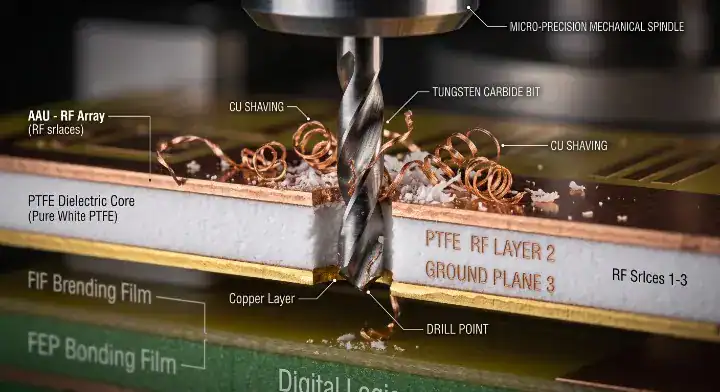 RO3003 PCB material High precision mechanical drilling machine working on a specialized PTFE board