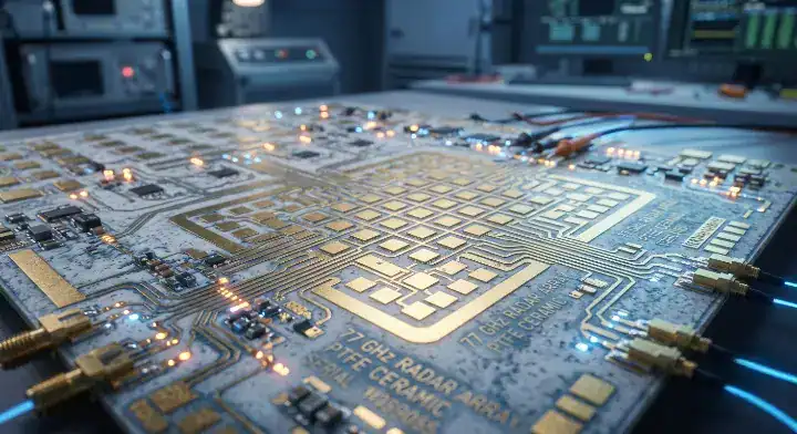 RO3003 PCB material Macro shot of a high frequency 77 GHz automotive radar board using ceramic filled PTFE