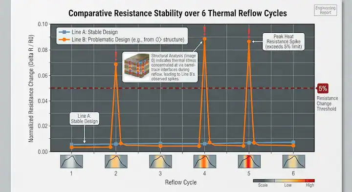 Resistance drift graph comparing stable performance versus failing HDI microvia thermal cycling reflow cycles