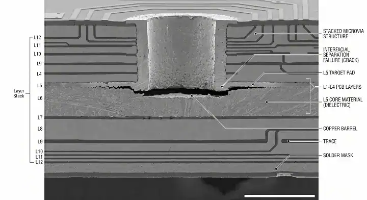 SEM cross section view showing interfacial separation failure in HDI microvia thermal cycling