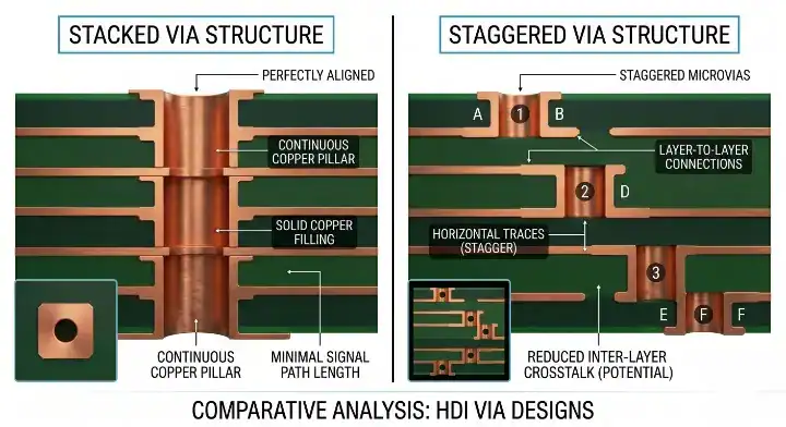 Stacked vs staggered microvia A cross section diagram comparing solid copper stacked pillars with offset staggered via structures