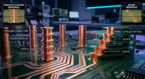 Stacked vs staggered microvia A glowing 3D visualization of complex HDI PCB internal via structures