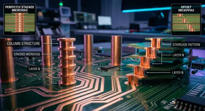 Stacked vs staggered microvia A glowing 3D visualization of complex HDI PCB internal via structures
