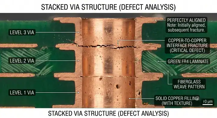 Stacked vs staggered microvia Microscope view showing a Weak Microvia Interface (WMI) fracture in a 3 level stacked structure