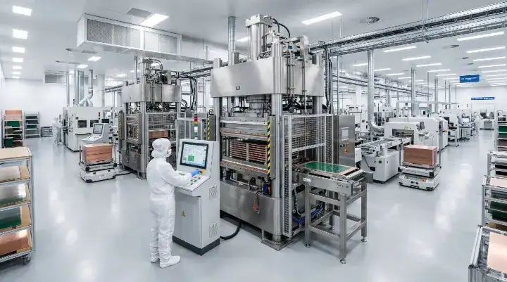 Standard PCB vacuum lamination press used to process Astra MT77 thermoset laminate without the need for specialized PTFE equipment