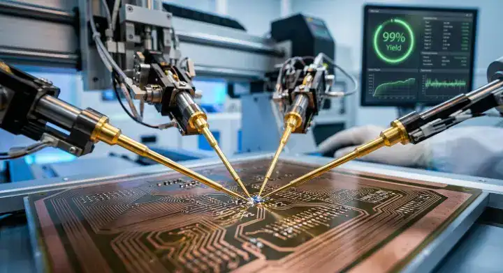 Strict quality control in embedded component HDI manufacturing showing a flying probe testing the inner layers prior to final lamination