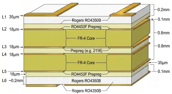 Symmetric 6 layer RO4350B PCB and FR 4 hybrid stackup design to prevent warpage