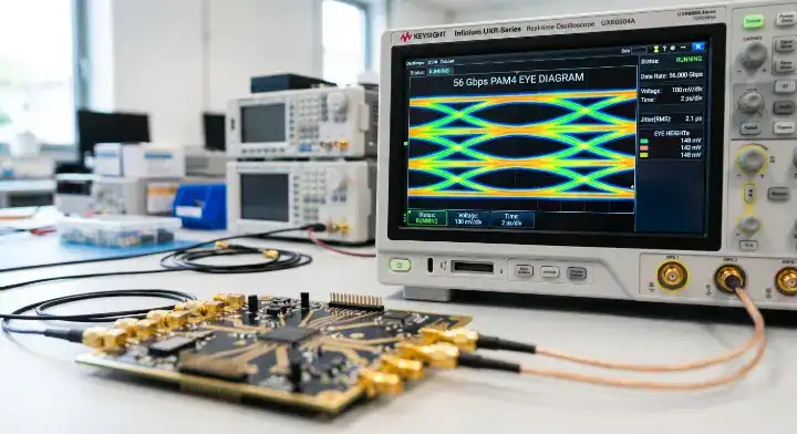 Tachyon 100G laminate undergoing signal integrity testing, displaying a clean 56 Gbps PAM4 eye diagram on a laboratory oscilloscope