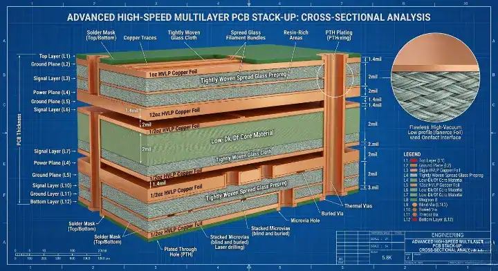 Tachyon 100G stackup 3D cross section diagram showing ultra flat HVLP copper foil and spread glass weave dielectric layers